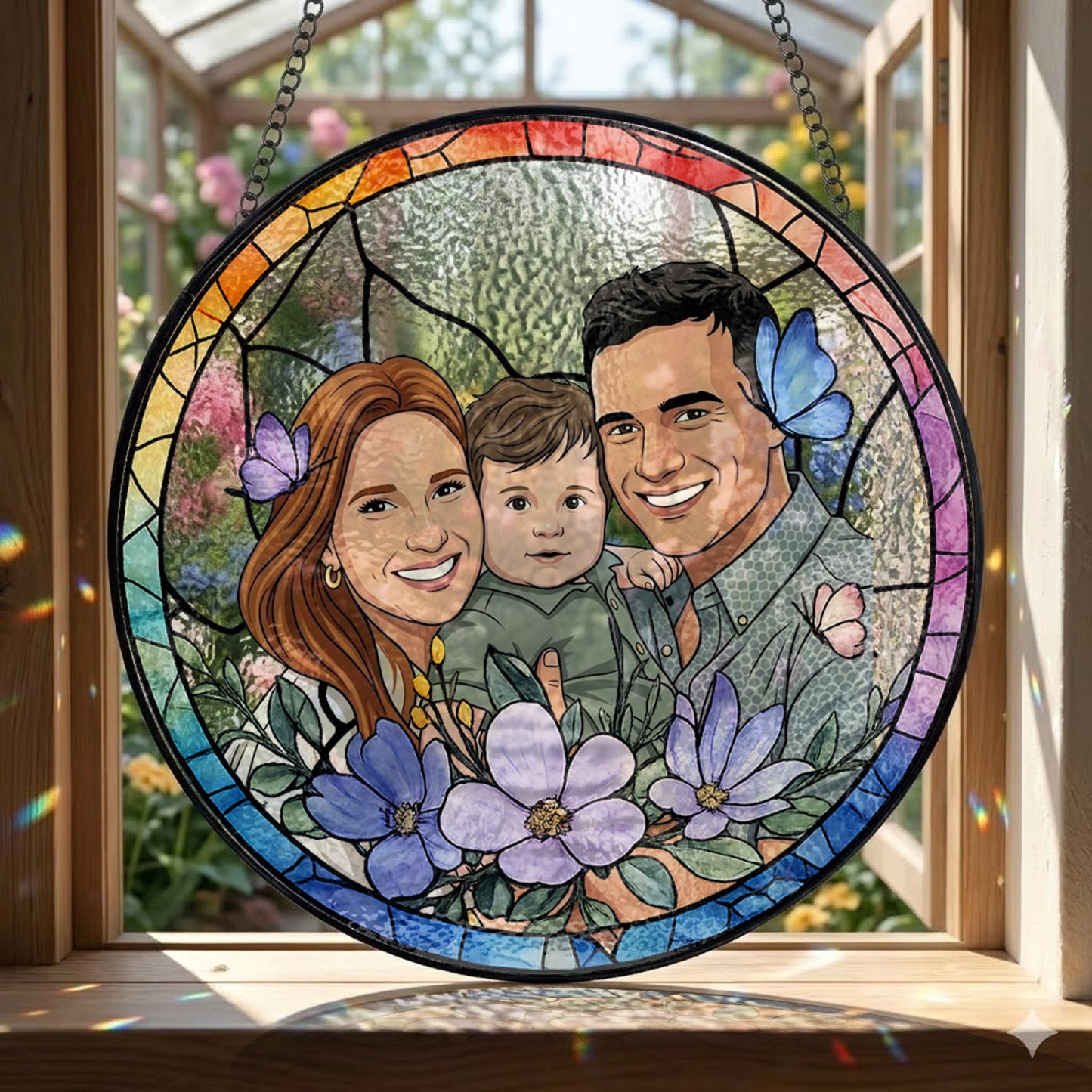 Personalized Family Portrait Stained Glass Suncatcher – Custom Photo Window Hanging, Floral Keepsake Gift THUC99