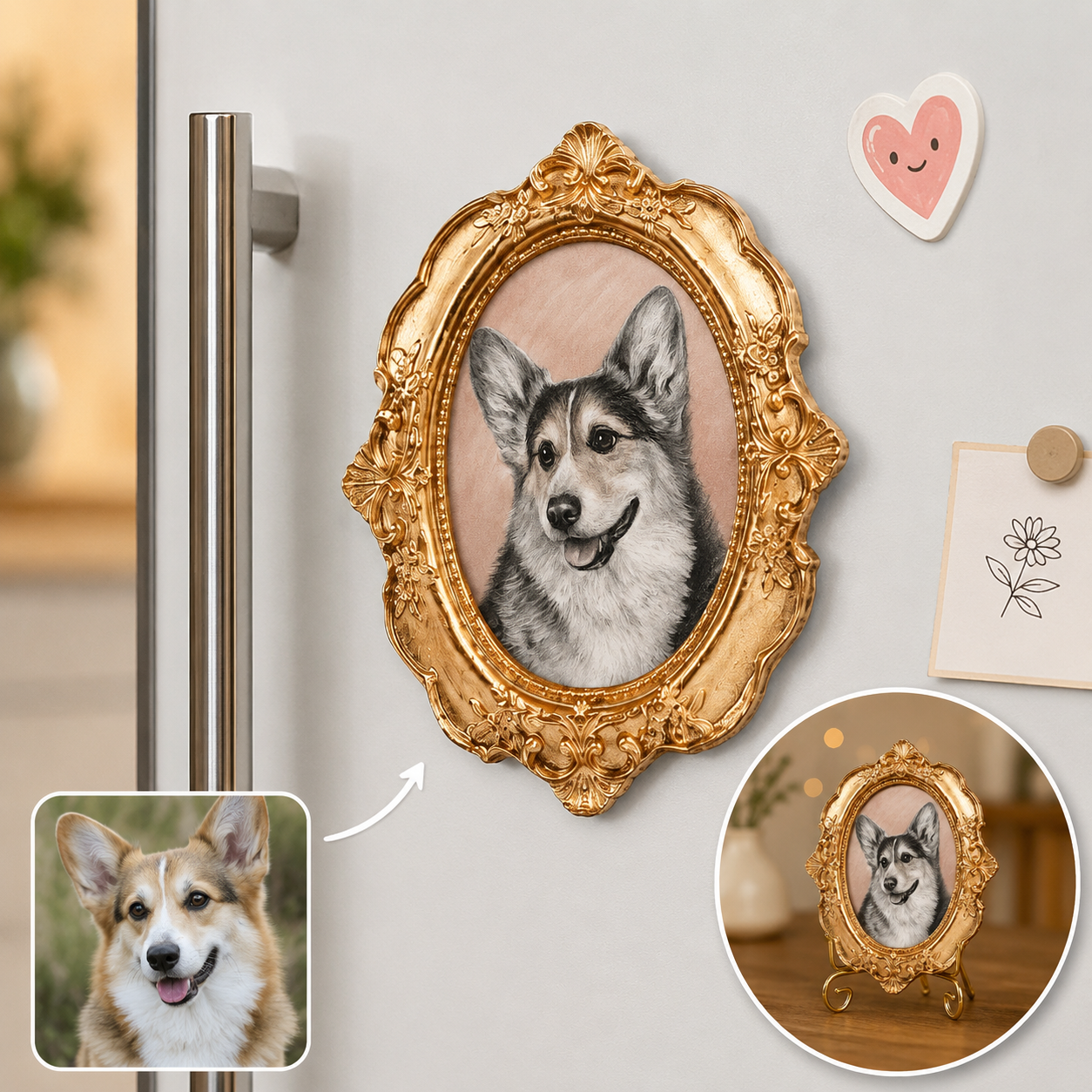 Custom Dog Photo Magnet, Personalized Pet Portrait Frame Dog Artwork Magnet THUC99