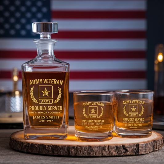 Custom US Veteran Decanter and Glasses Set, Patriotic Gift for Veterans, Gift For Independence Day TND096
