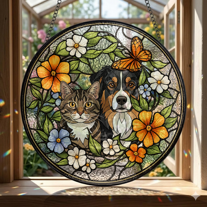 Custom Dog & Cat Stained Glass Suncatcher – Personalized Pet Portrait Window Hanging THUC99