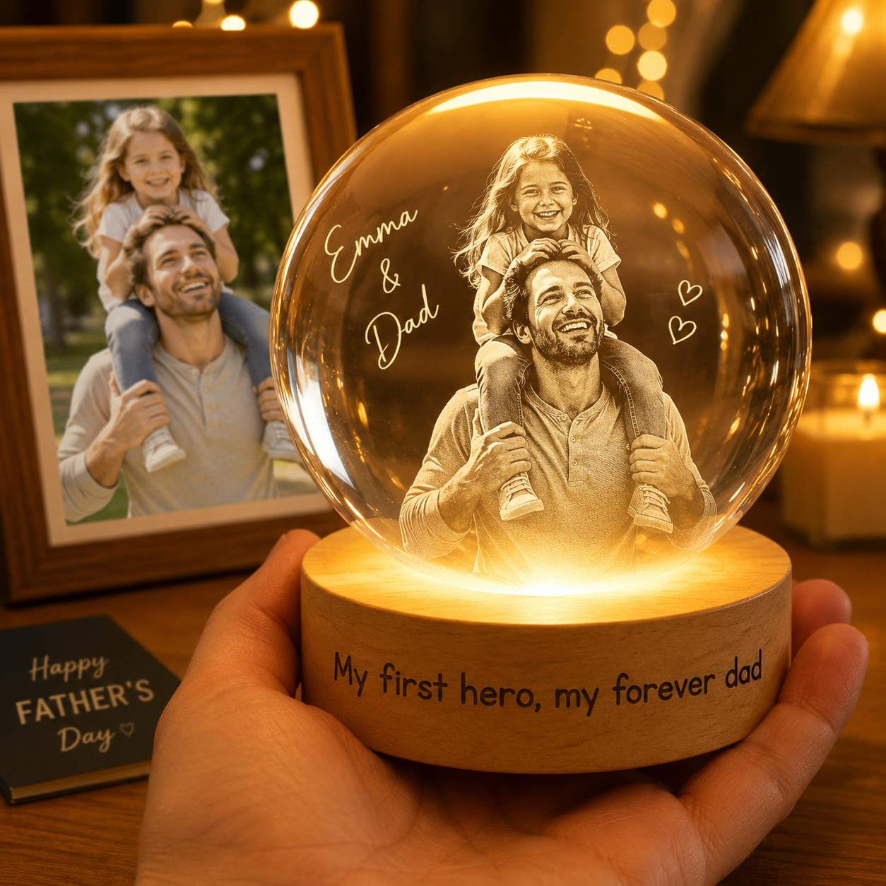 Custom Photo Best Dad Ever Crystal Ball Night Light, Personalized Gift For Dad THUC99