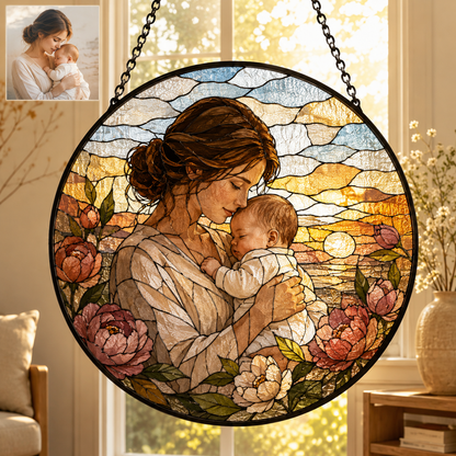 Personalized Family Photo Stained Glass Suncatcher, Custom Portrait Window Hanging Keepsake Decor THUC99
