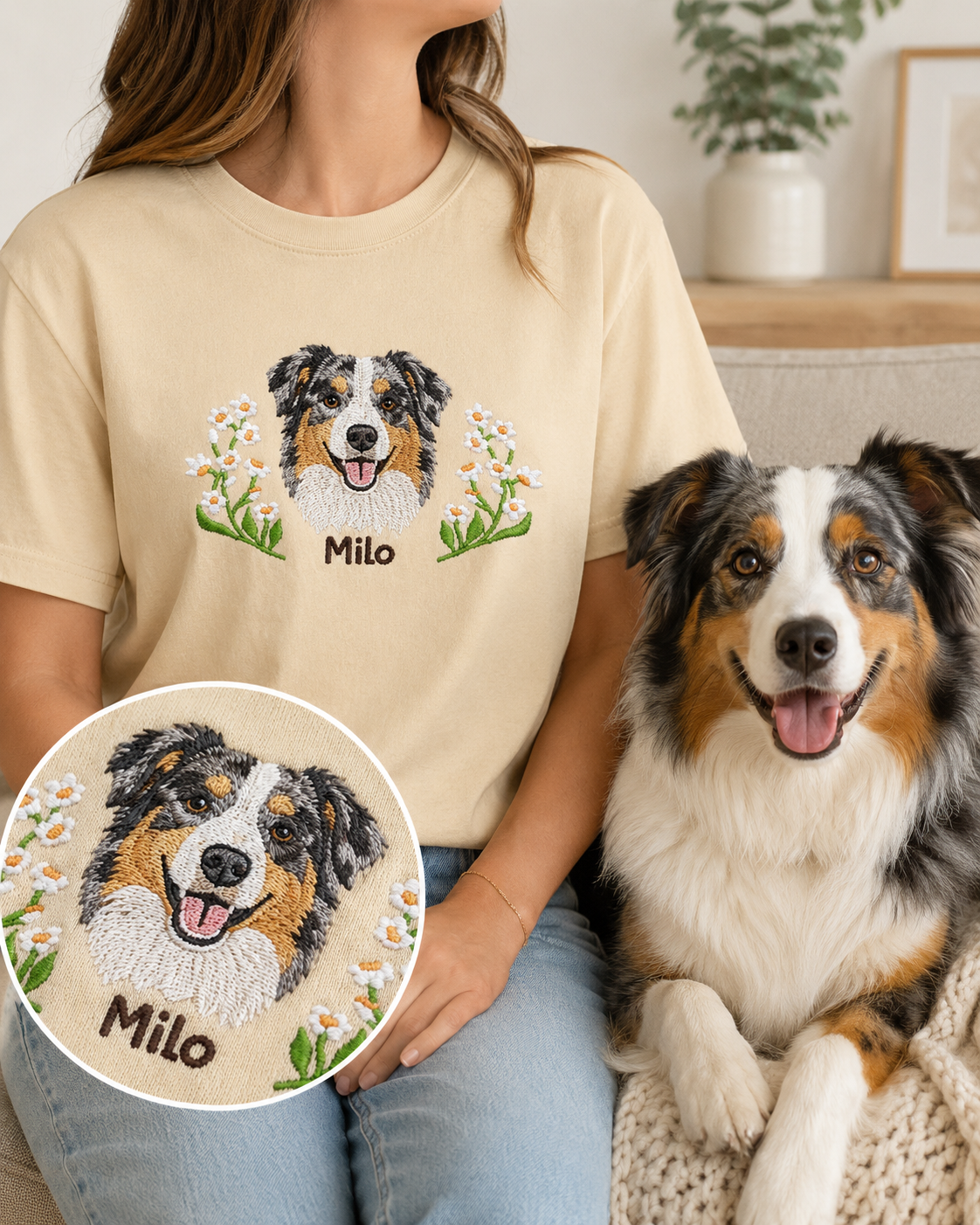 Custom Dog Embroidered Unisex Shirt, Personalized Pet Photo Tee, Dog Mom Dad Gift THUC99