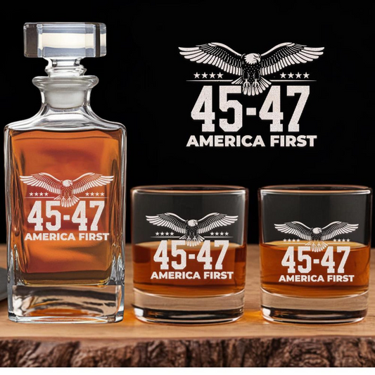 Trump 45/47 Whiskey Decanter | "America First" Engraved Bourbon Decanter | MAGA Whiskey Gift | Trump Supporter Barware