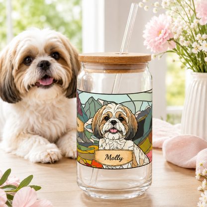 Custom Pet Image Sipper Tumbler – 16oz Glass Cup with Bamboo Lid and Straw THUC99