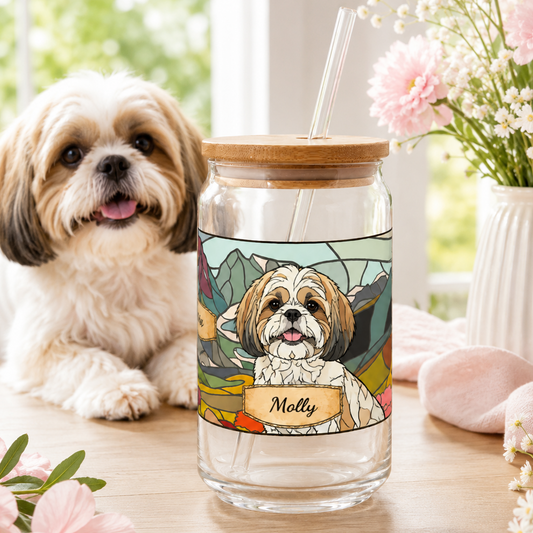 Custom Pet Image Sipper Tumbler – 16oz Glass Cup with Bamboo Lid and Straw THUC99