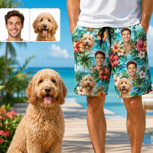 Custom Pet Portrait Beach Shorts Personalized Dog Lover Swim Trunks Gift THUC99
