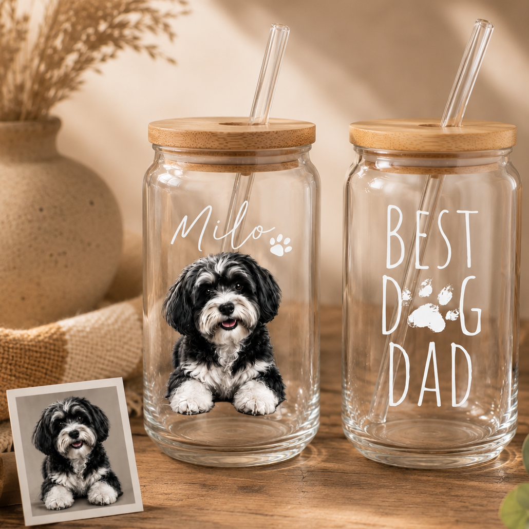 Personalized Dog Portrait Glass Cup 16oz – Custom Sipper with Bamboo Lid & Straw THUC99