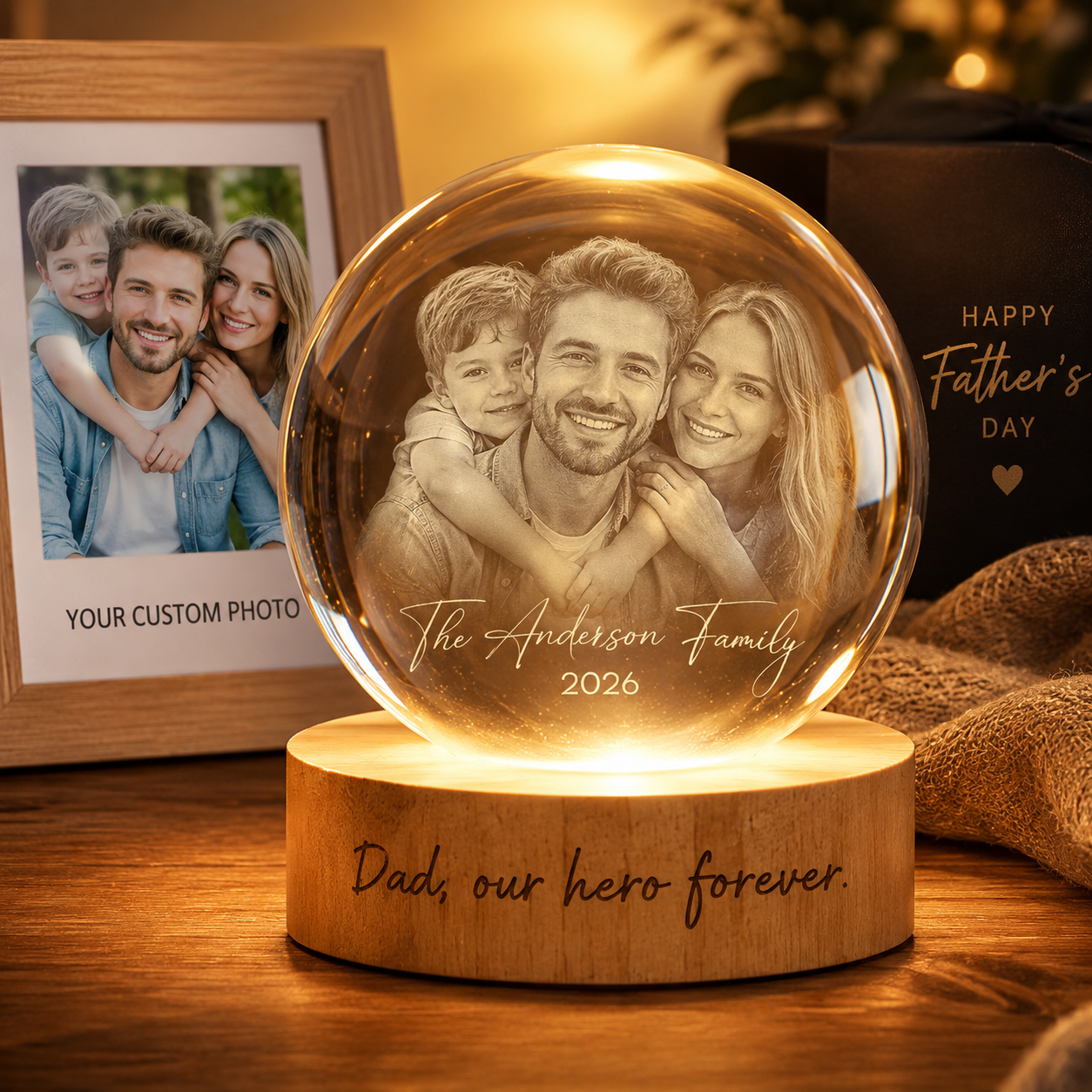 Custom Dad Crystal Ball Night Light, Personalized Photo Lamp, Father’s Day Gift For Dad THUC99