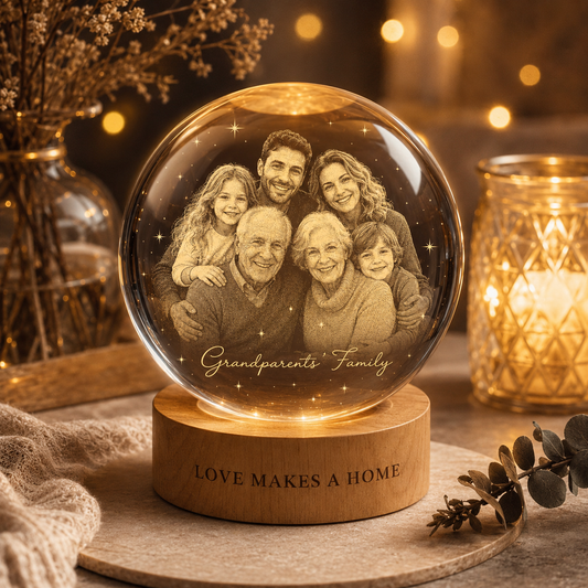 Custom Photo Family Crystal Ball Lamp, Personalized Dad Gift To Grandpa Dad THUC99