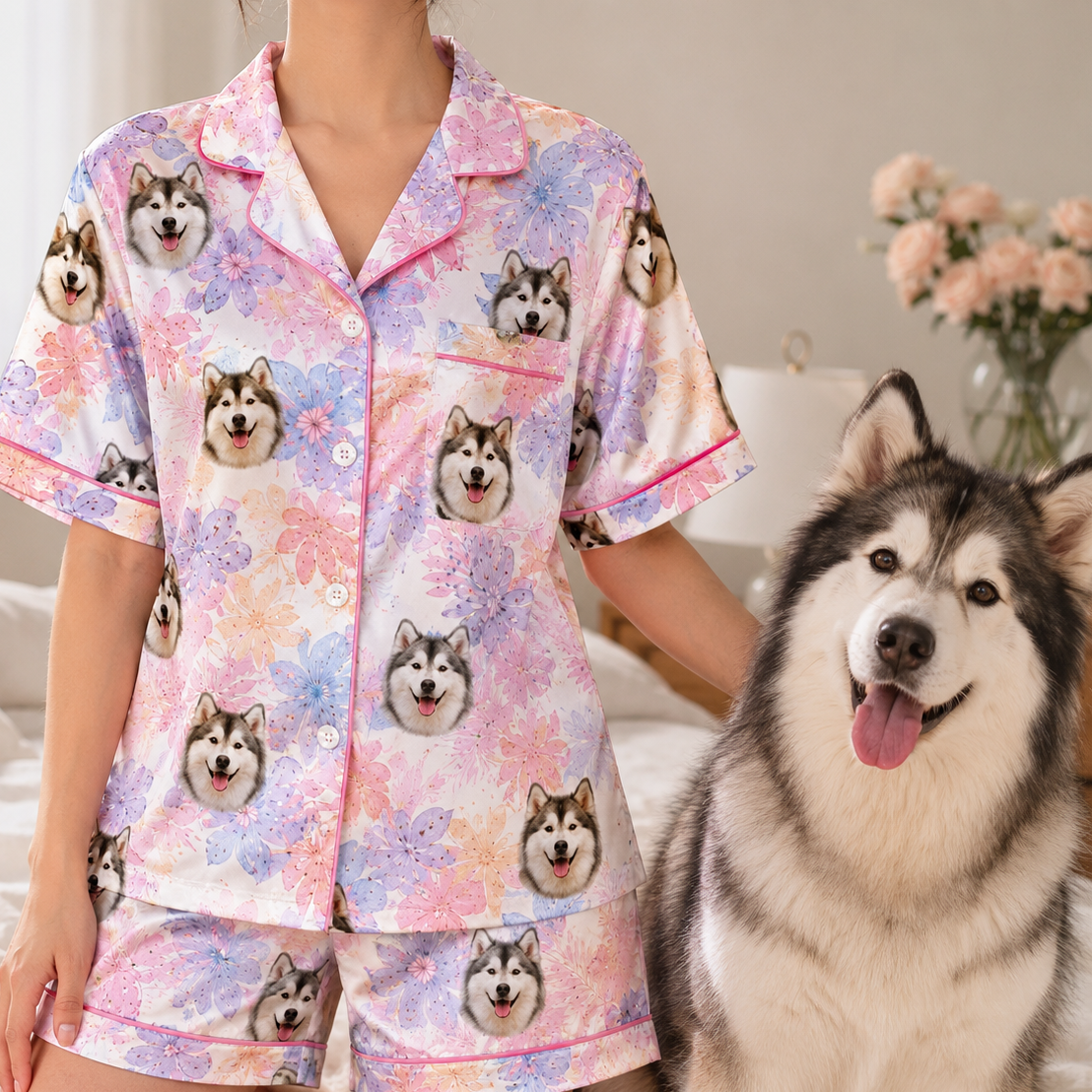 Personalized Pet Face Satin Pajamas Set Custom Dog Photo Gift for Her THUC99
