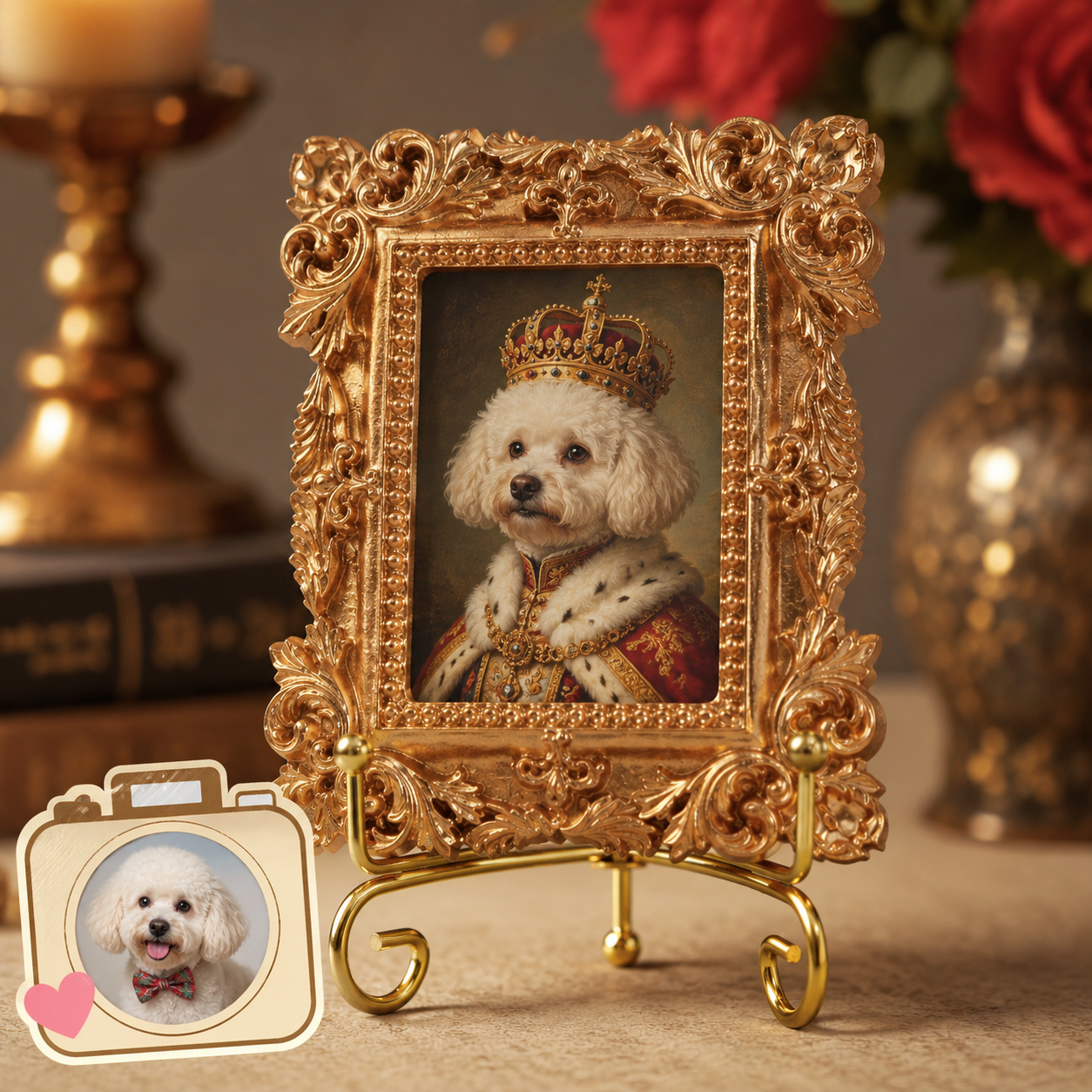 Custom Dog Vintage Photo Frame Magnet, Personalized Pet Portrait Fridge Magnet, Gold Frame Dog Artwork Magnet THUC99