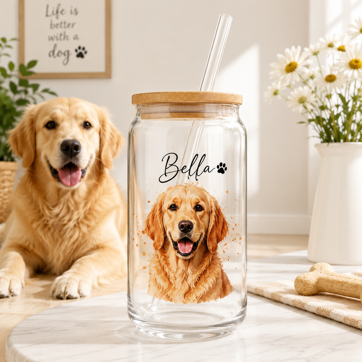 Custom Dog Photo Iced Coffee Glass – 16oz Personalized Cup with Bamboo Lid THUC99