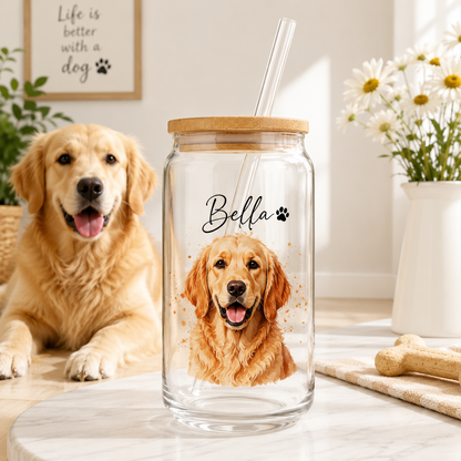 Custom Dog Photo Iced Coffee Glass – 16oz Personalized Cup with Bamboo Lid THUC99