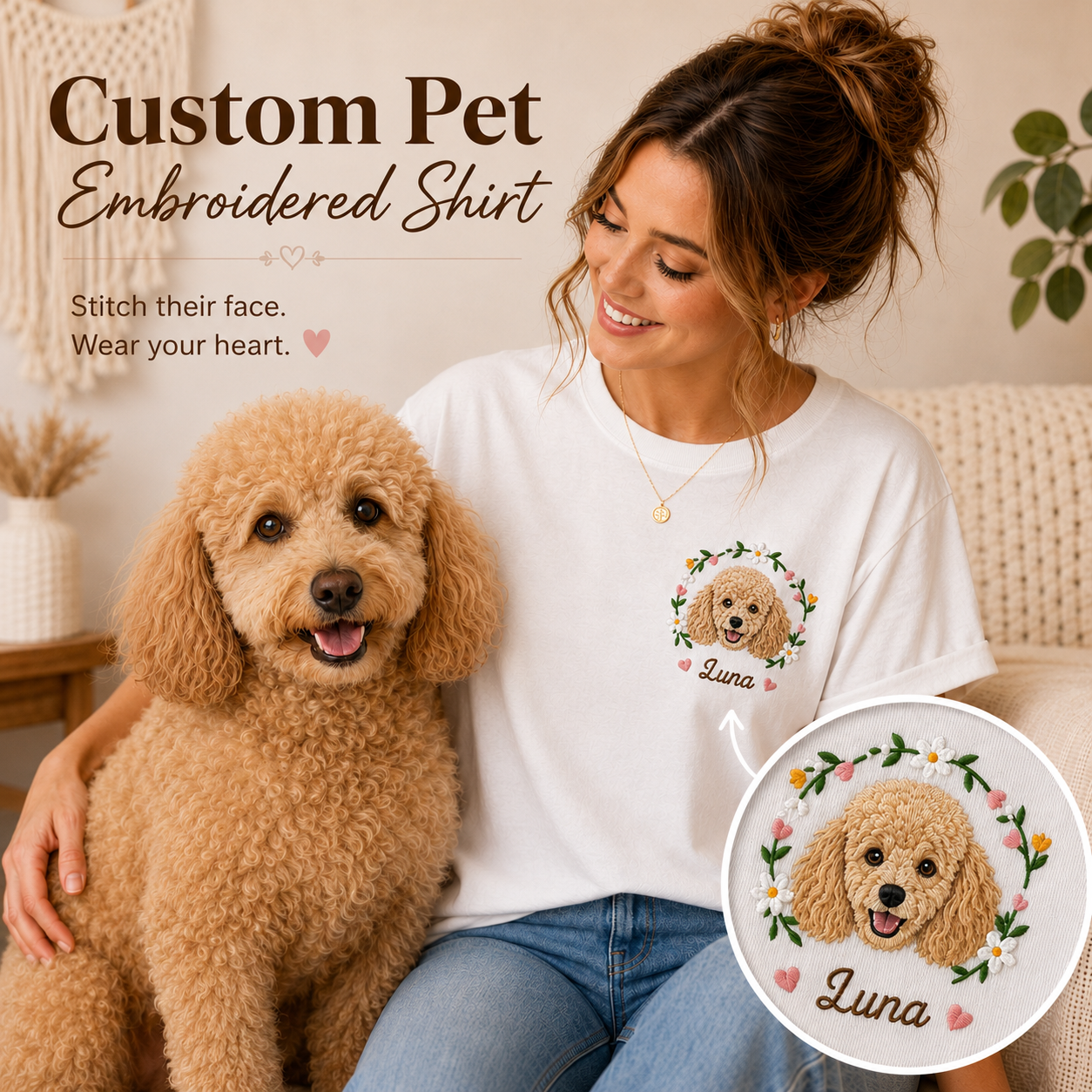 Custom Photo Dog Embroidered Unisex T-Shirt, Personalized Pet Portrait Shirt, Dog Mom Dad Gift THUC99