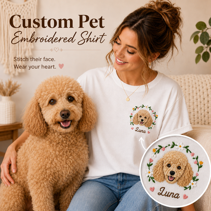 Custom Photo Dog Embroidered Unisex T-Shirt, Personalized Pet Portrait Shirt, Dog Mom Dad Gift THUC99