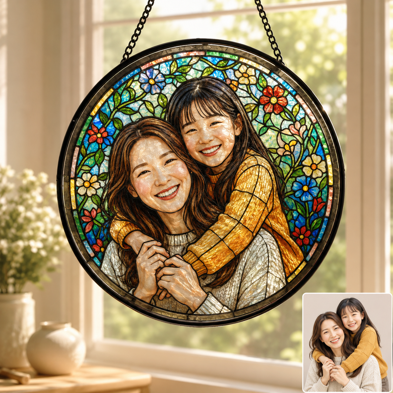 Personalized Mom Photo Stained Glass Suncatcher, Custom Mother’s Day Window Hanging Keepsake Decor THUC99