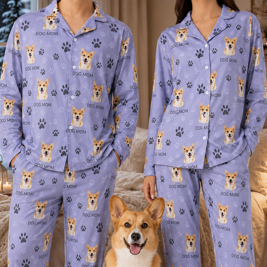 Personalized Dog Photo Unisex Pajamas Set, Custom Pet Face All Over Print Nightwear THUC99