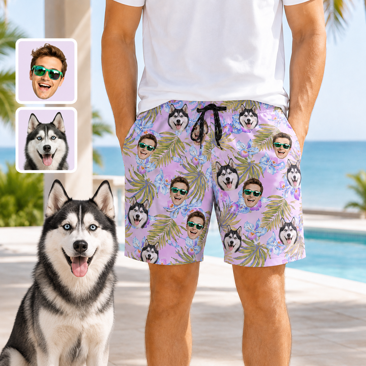 Personalized Pet Face Beach Shorts Custom Dog Photo Swim Trunks for Summer THUC99