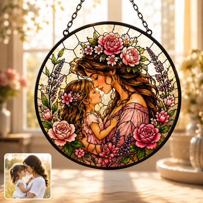 Custom Family Photo Stained Glass Window Hanging, Personalized Mom and Grandma Suncatcher Gift THUC99