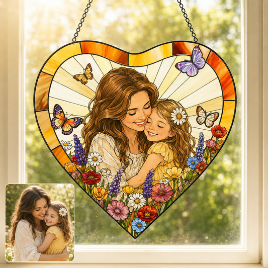 Personalized Grandma Photo Window Hanging Suncatcher, Custom Family Portrait Stained Glass Gift THUC99