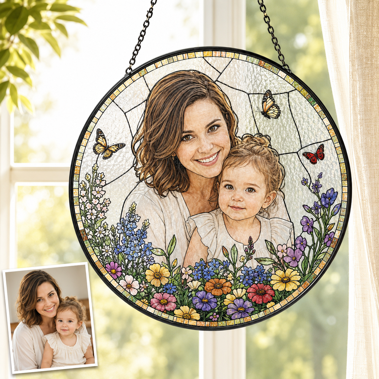 Custom Grandma Photo Stained Glass Suncatcher, Personalized Nana Portrait Window Decor Gift THUC99