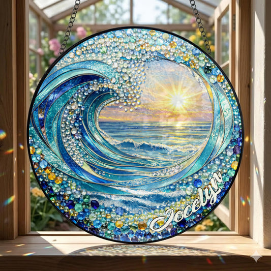 Personalized Ocean Wave Stained Glass Suncatcher – Custom Name Beach Sunset Window Hanging THUC99