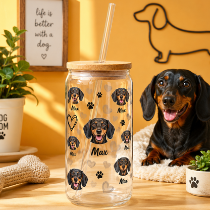 Custom Dog Photo Iced Coffee Glass – 16oz Personalized Cup with Bamboo Lid THUC99 (Copy)