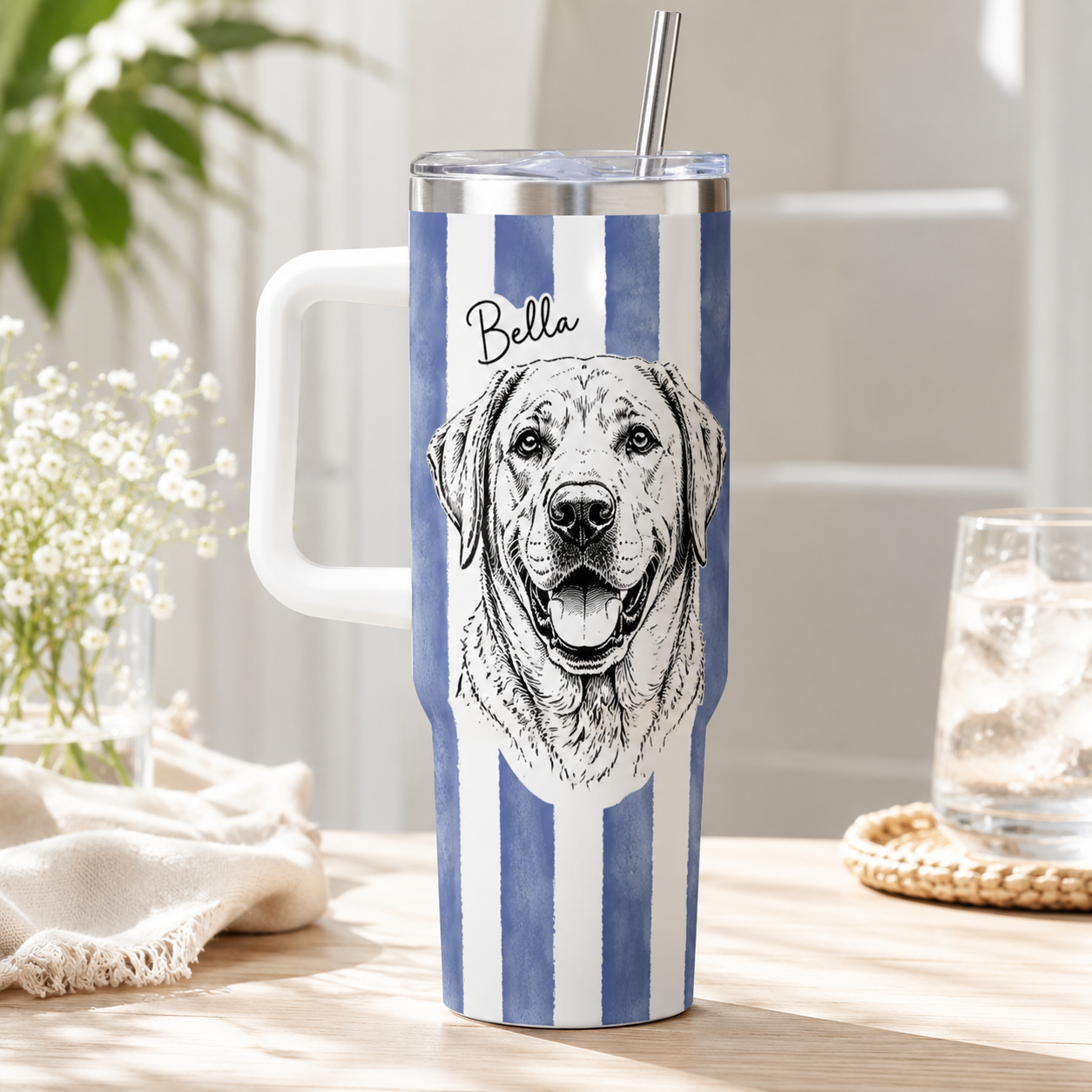 Personalized Pet Photo Tumbler 40oz – Custom Dog Picture Cup with Handle, Straw and Lid THUC99