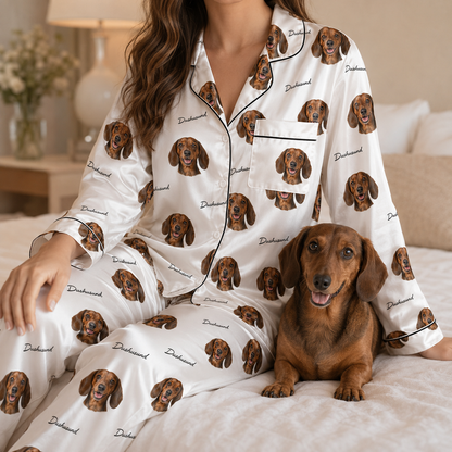 Personalized Dog Face Satin Pajama Set Custom Pet Photo Nightwear for Women THUC99