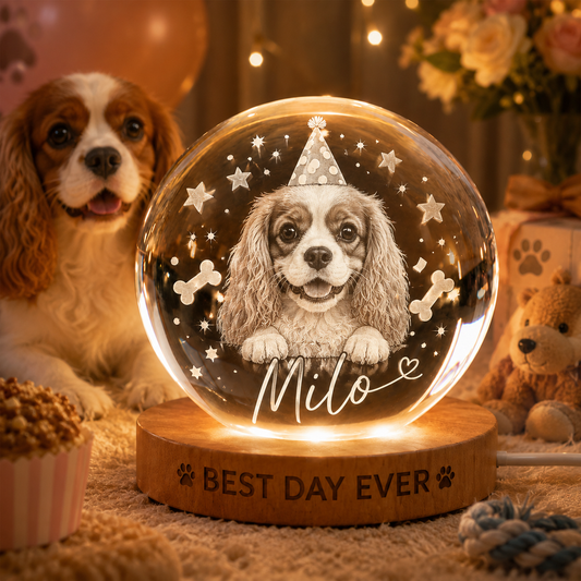 Custom Pet Crystal Ball Night Light, Personalized Dog Birthday Photo Lamp, Pet Memorial Gift THUC99