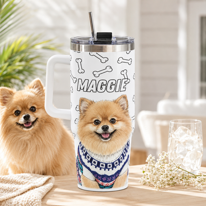 Custom Photo Dog 40oz Tumbler with Handle – Personalized Pet Portrait Travel Cup for Dog Lovers THUC99