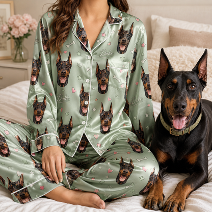 Custom Dog Photo Silk-Look Pajama Set Personalized Nightwear for Women THUC99