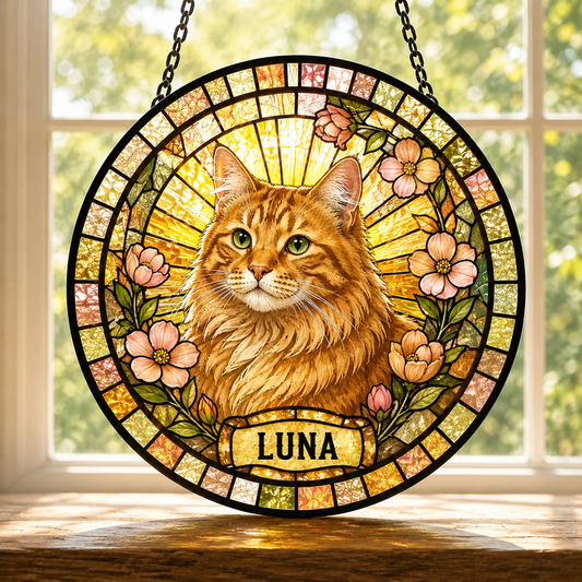 Custom Photo Pet Cat Glass Suncatcher – Personalized Cat Lover Gift | Memorial Window Hanging THUC99