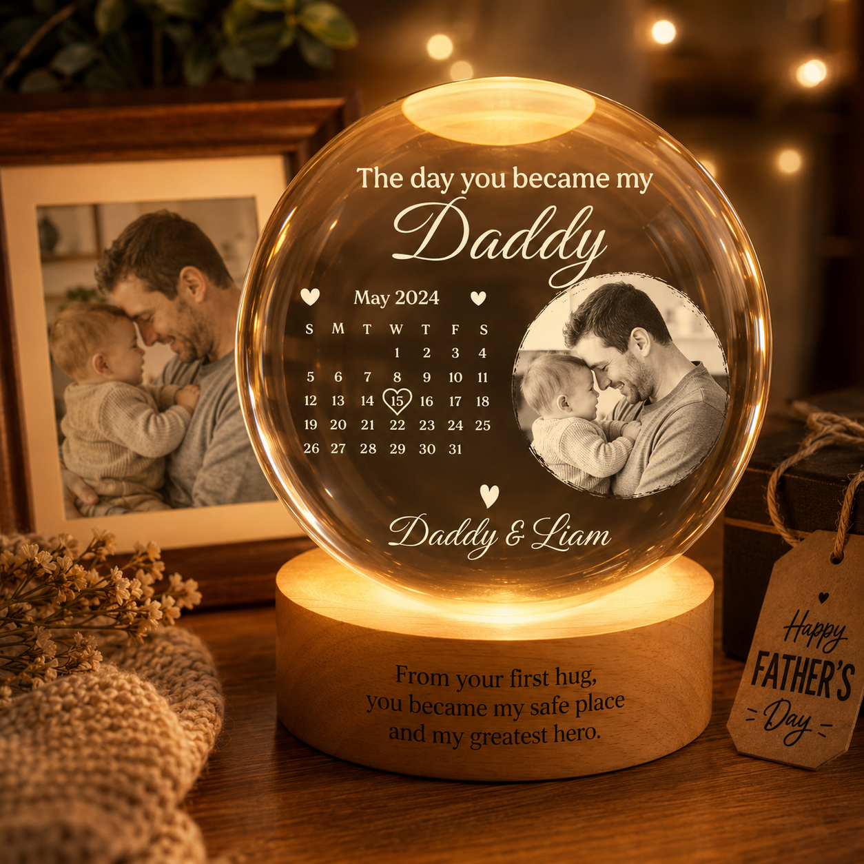 Custom Daddy Crystal Ball Lamp With Photo, Personalized Night Light Gift For Him THUC99