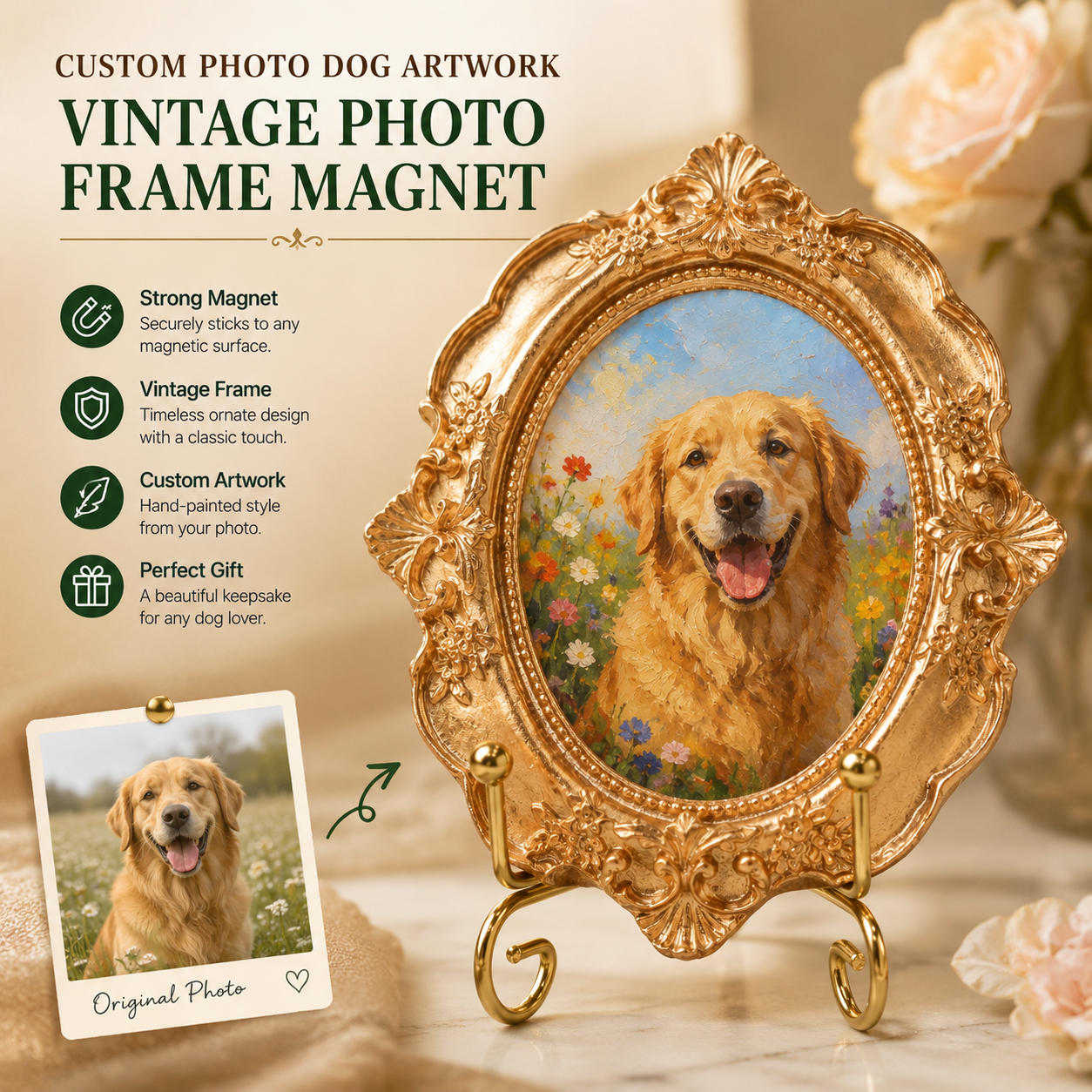 Custom Dog Vintage Frame Magnet, Custom Dog Photo Fridge Magnet, Gift For Dog Mom Dad THUC99