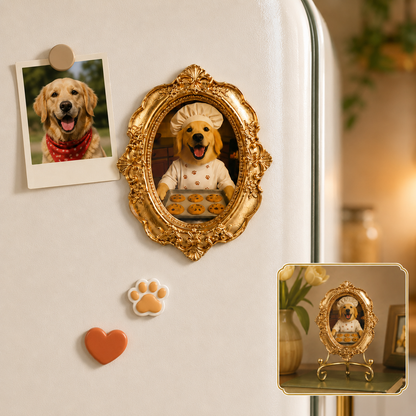 Custom Dog Photo Gold  Frame Magnet, Optional Stand Decor Gift THUC99
