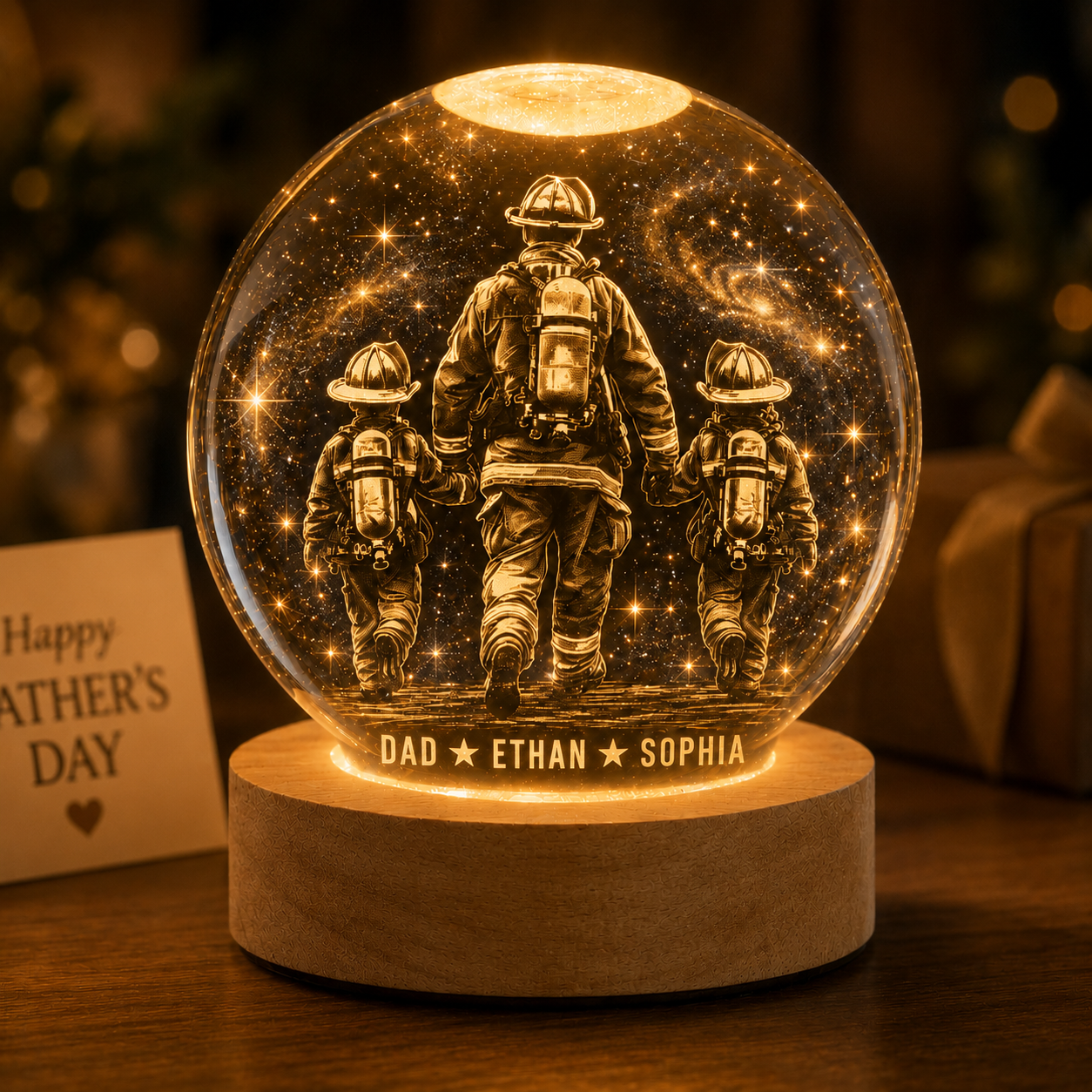 Custom Dad Firefighter Crystal Ball Light, Personalized Name Kid Night Light Gift For Dad THUC99