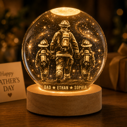 Custom Dad Firefighter Crystal Ball Light, Personalized Name Kid Night Light Gift For Dad THUC99