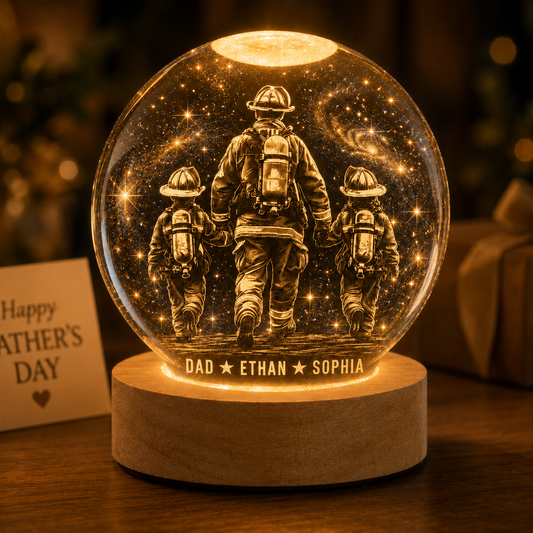 Custom Dad Firefighter Crystal Ball Light, Personalized Name Kid Night Light Gift For Dad THUC99