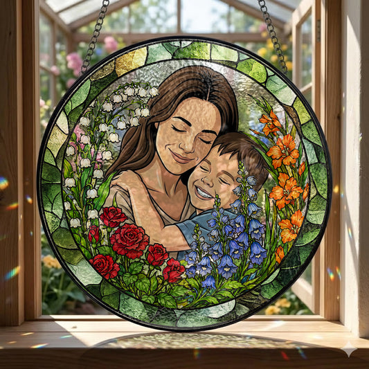 Personalized Mother & Child Stained Glass Suncatcher – Custom Portrait Floral Window Hanging, Mom Gift THUC99