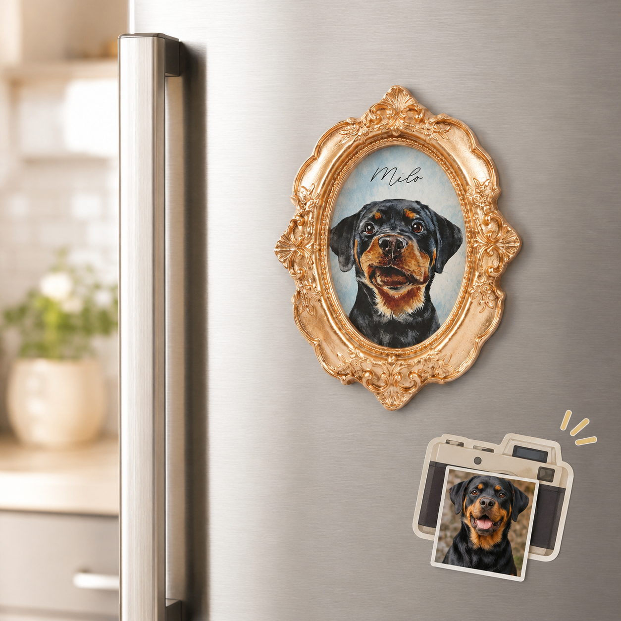 Personalized Dog Photo Magnet, Custom Pet Portrait Vintage Gold Frame Fridge Magnet THUC99
