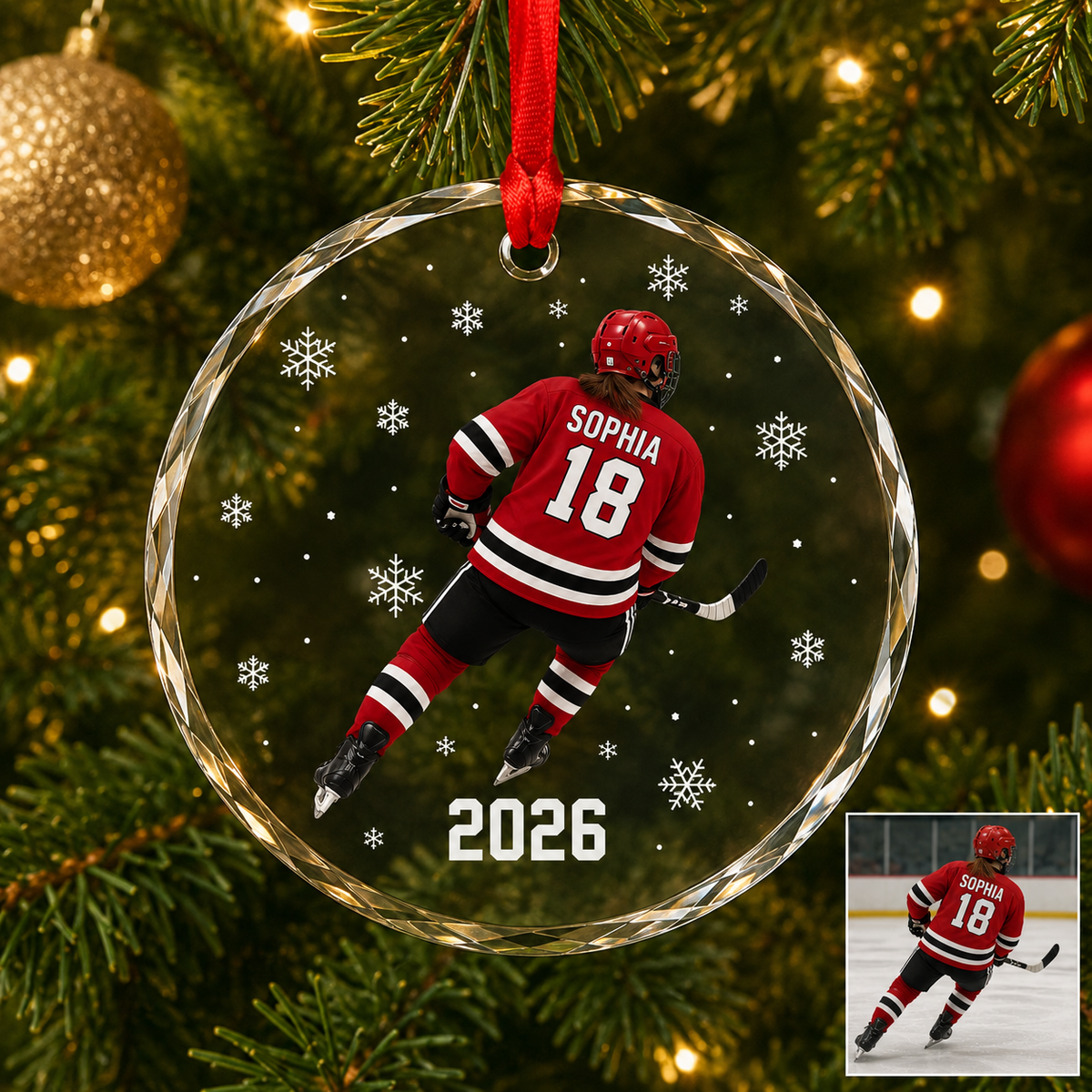 Custom Photo Sport Glass Ornament Hockey Red Jersey