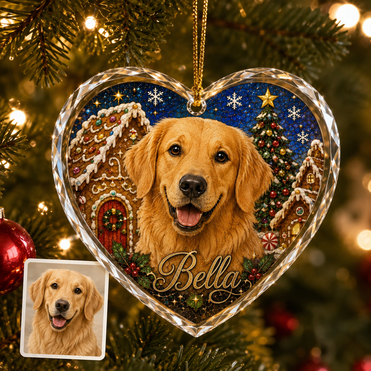 Custom Photo Dog Glass Dog With Gingerbread Village