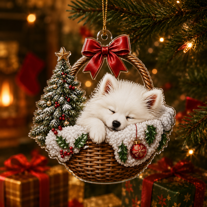 Dog Chrismast With Wicker Basket Japanese spiz
