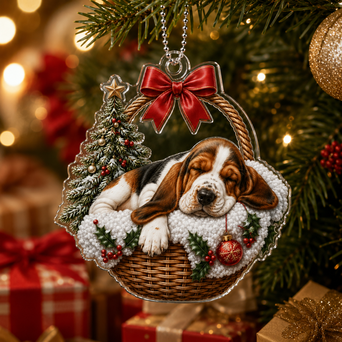 Dog Chrismast With Wicker Basket Basset Hound
