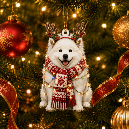 Dog Decor with Antlers & Scarf Samoyed
