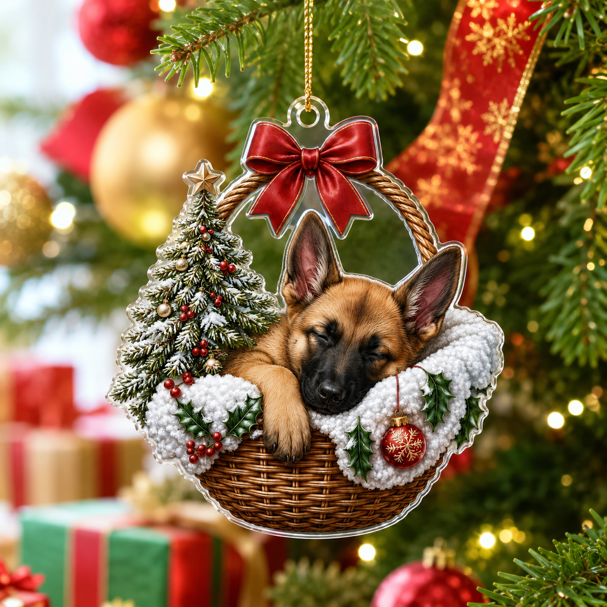 Dog Chrismast With Wicker Basket Belgian Malinois