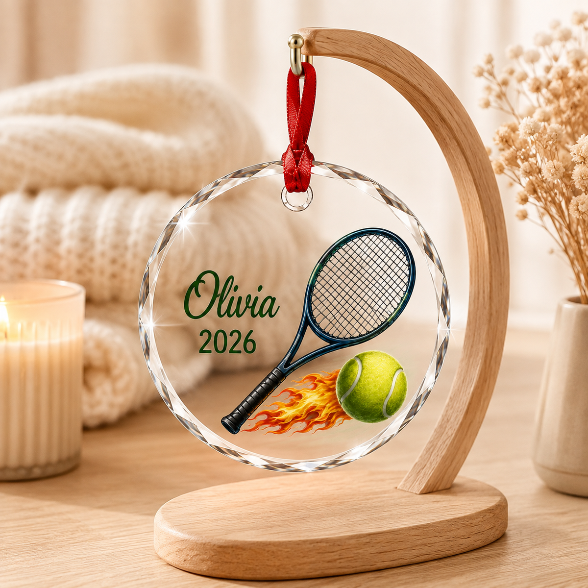 Custom Photo Sport Glass Ornament Tennis Flaming Ball