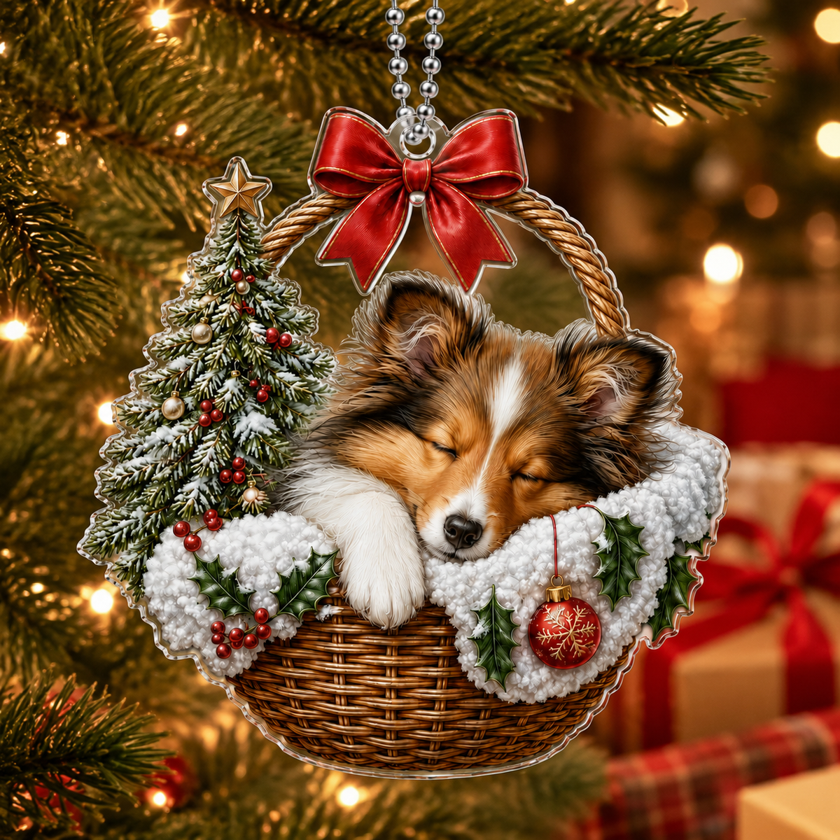 Dog Chrismast With Wicker Basket Sheepdog